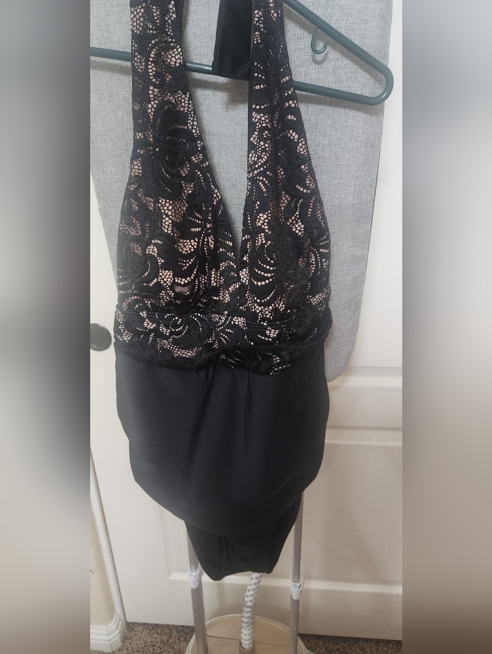 Black And Lace Plunge Neckline Halter One piece Suit, Open Back Size XXL